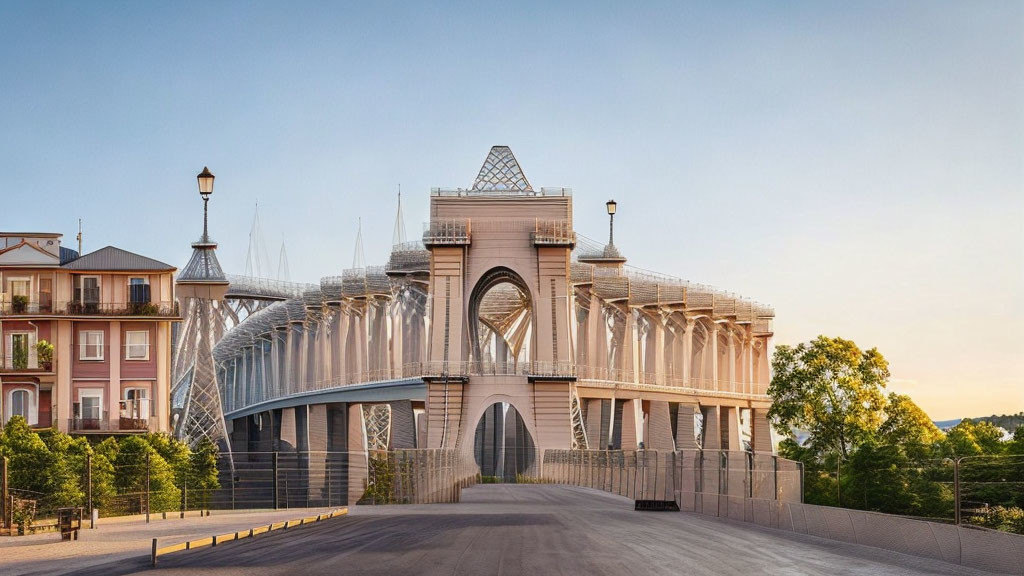 Steel bridge with intricate arch and European-style buildings at dusk