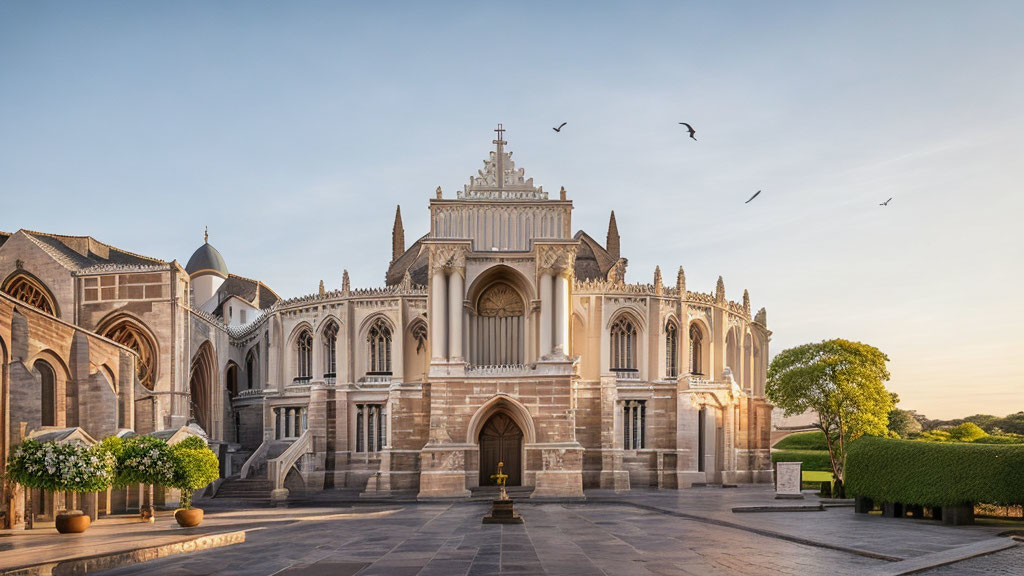 Gothic Cathedral with Ornate Facade at Sunrise