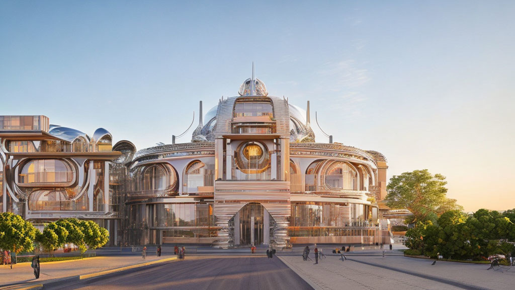 Modern grand building with classic and futuristic elements under clear sunset sky