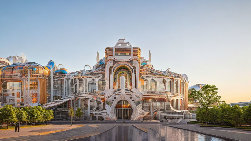 Organic-shaped modern building with large windows and warm colors.