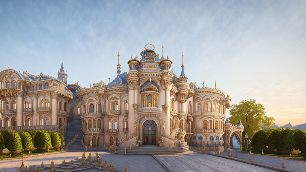 Ornate palace with intricate architecture and spires at sunset