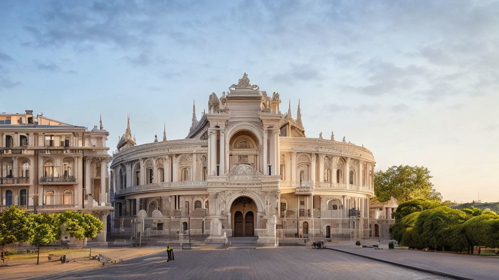 Neoclassical Opera House with Sculptures and Columns at Dawn or Dusk