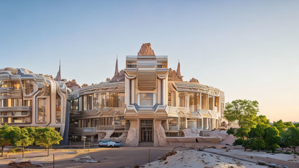 Fluid modern architecture in beige tones blending with rocky terrain