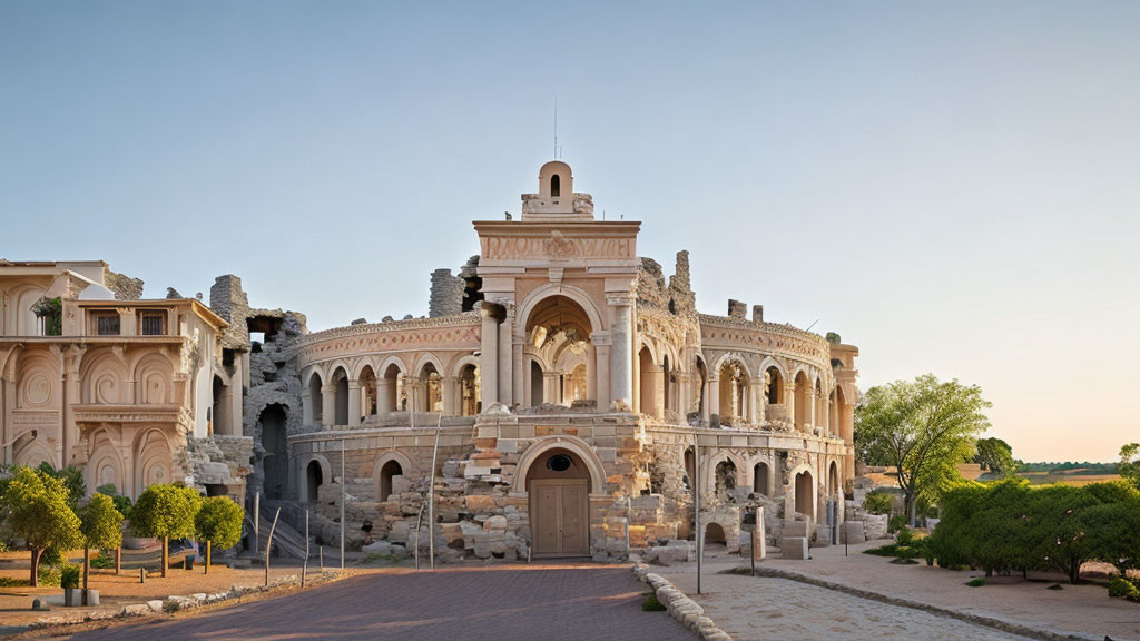 Historic building with arches and clock tower in mixed architectural styles