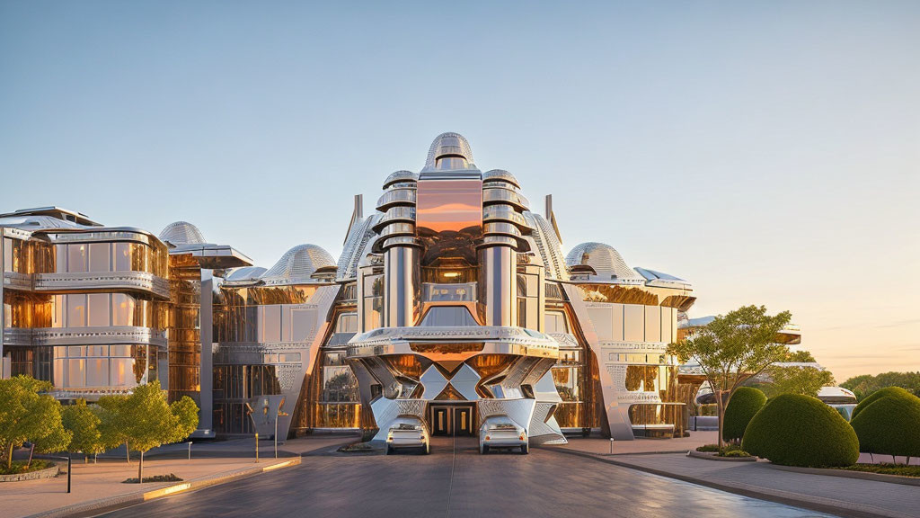 Modern architecture with cylindrical towers and domes in golden-hour lighting