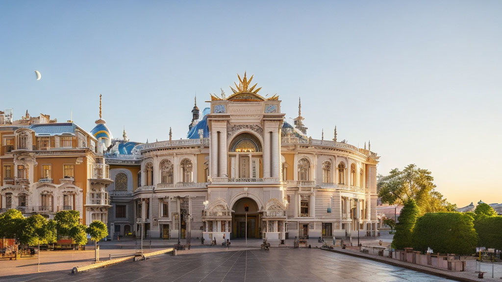 European-style building with ornate decoration under twilight sky and crescent moon.