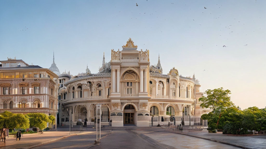 Elaborate Architecture with Grand Entrance and Intricate Details