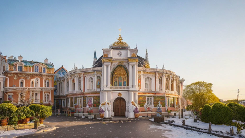 Classical Architecture Building with Golden Details at Sunrise or Sunset