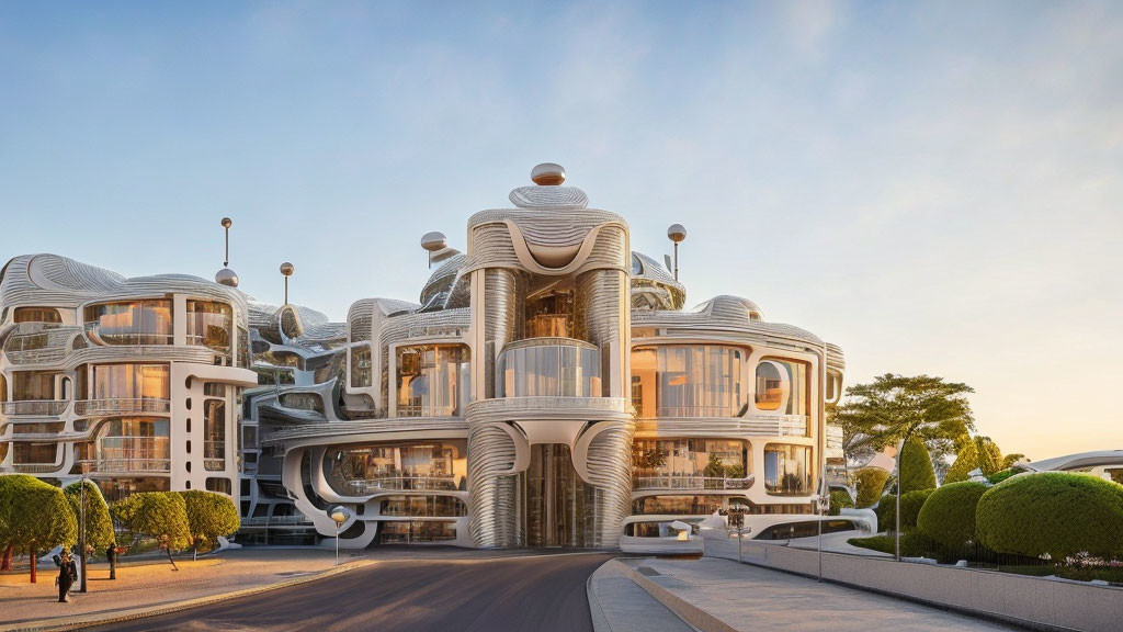 Futuristic architectural complex with organic shapes and rounded balconies