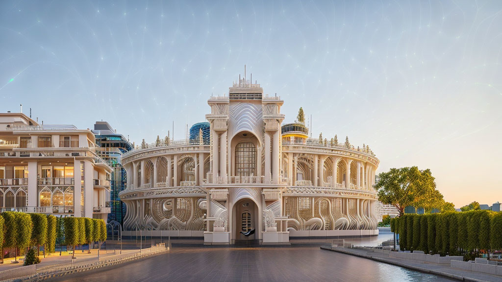 Ornate white building with arches among modern structures under clear blue sky