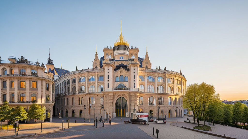 Ornate building with golden dome and spire at dusk