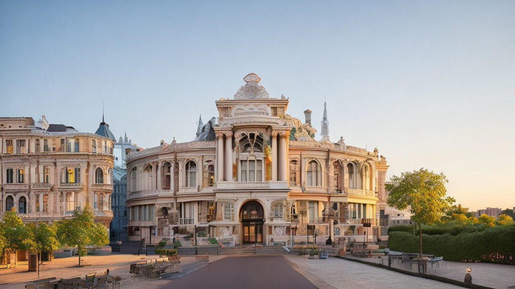 Historic opera house with intricate architecture in golden hour setting