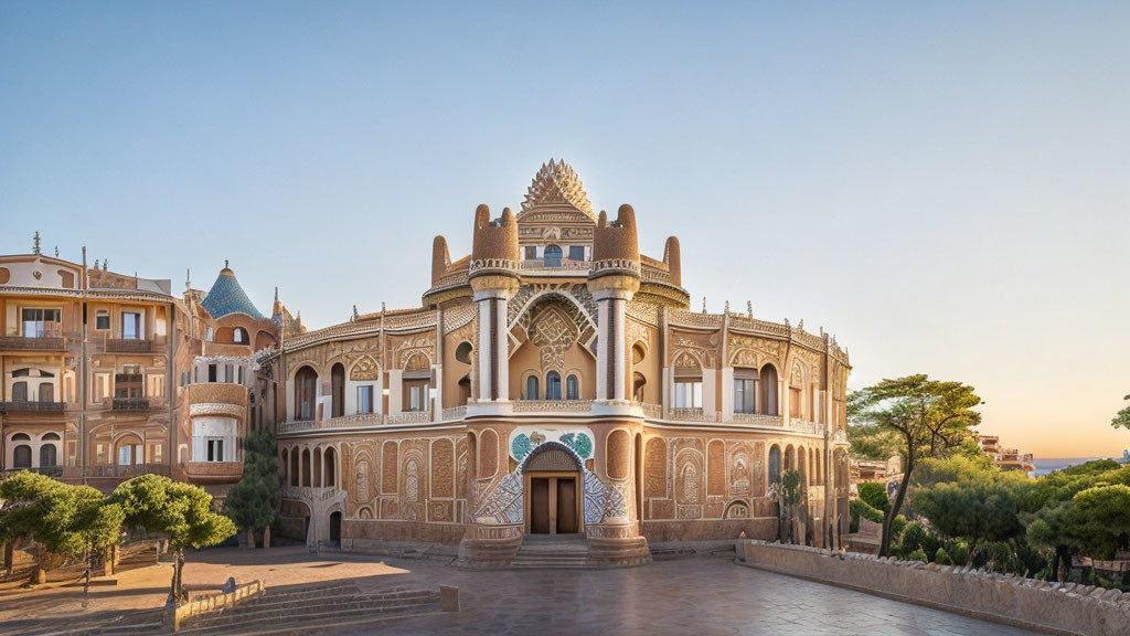 Architectural masterpiece with intricate designs under clear sunset sky