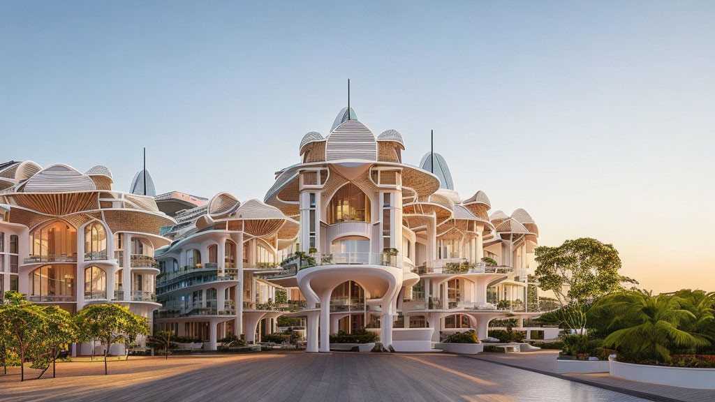 White Curvilinear Architecture Resort with Balconies and Pointed Roofs at Sunset