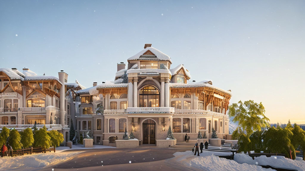 Snow-covered mansion at twilight with glowing windows and people outside