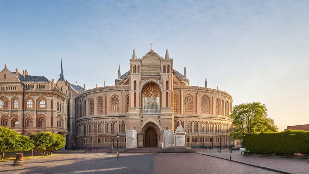 Neo-Gothic Architecture with Ornate Facade and Twin Spires at Sunrise or Sunset