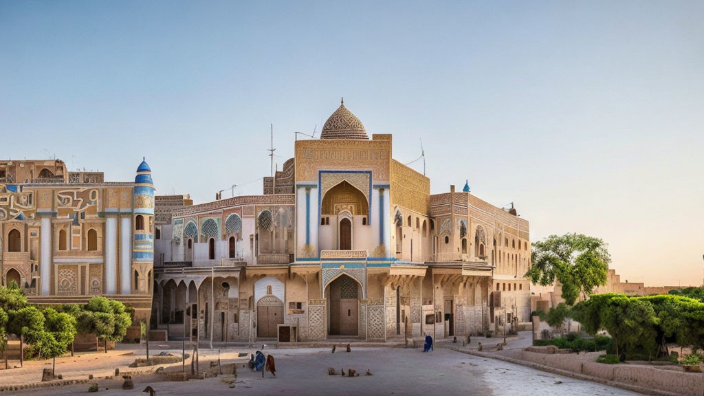 Traditional architecture surrounded by modern buildings and people in a square