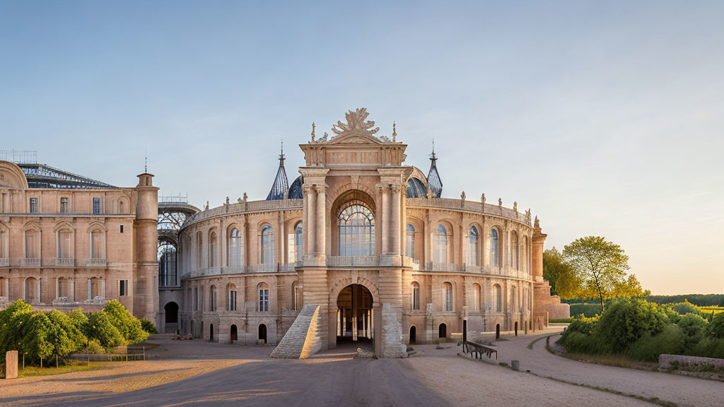 Historical building with ornate facade and central dome at sunset