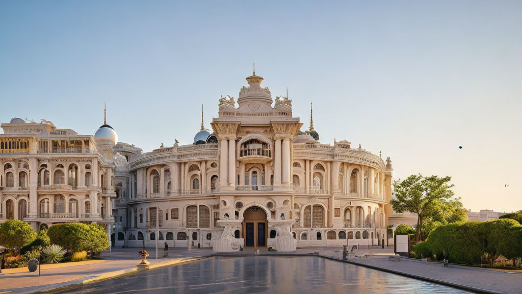 Whitewashed building with intricate architecture and domes in symmetrical wings