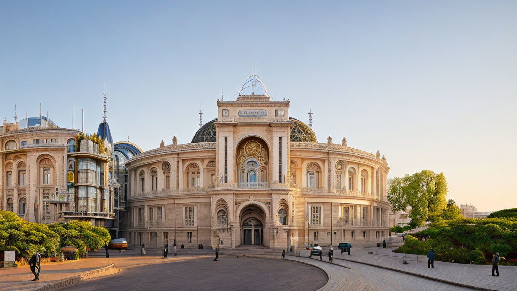 Historical building with grand entrance and arched windows against clear sky and green trees