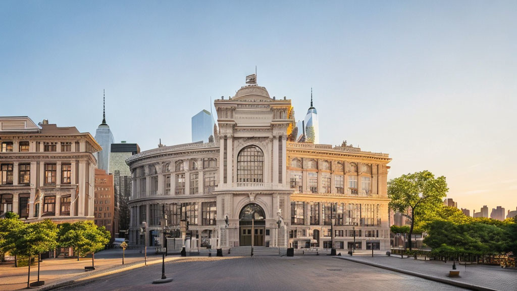 Classical building with grand archway and dome in cityscape.