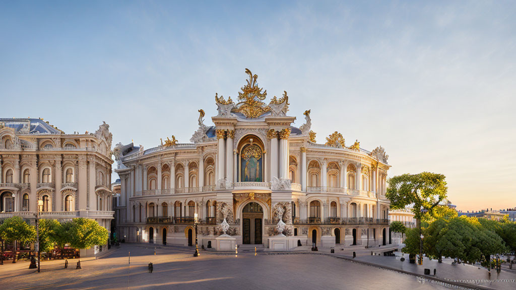 Baroque-style building facade with golden embellishments in tree-lined square