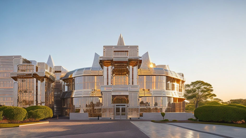 Symmetrical modern building with central peak and glass windows at twilight