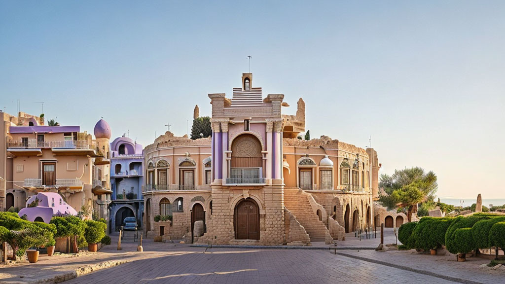 Historic building with arches and bell tower in serene street view