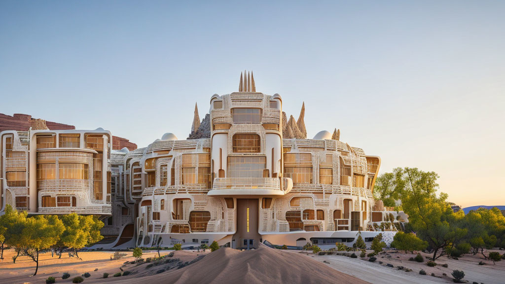 Beige ornate facades and spire-like structures in a futuristic desert resort