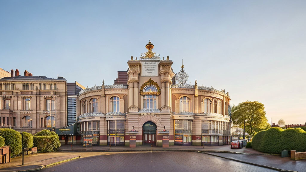 Historic theater with classical architecture and golden statue at dawn or dusk