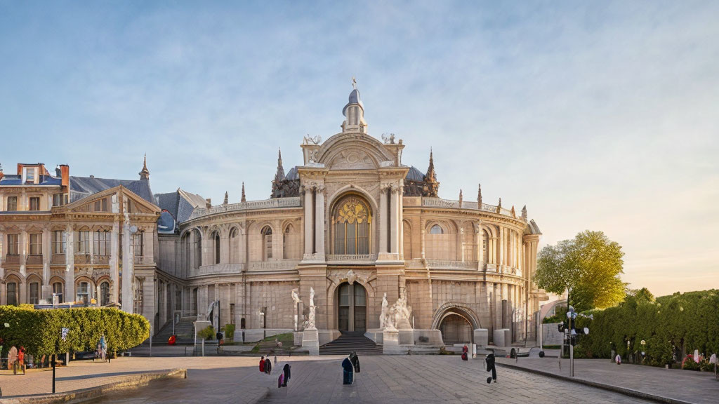 Neoclassical building with ornate facade and statues in spacious square