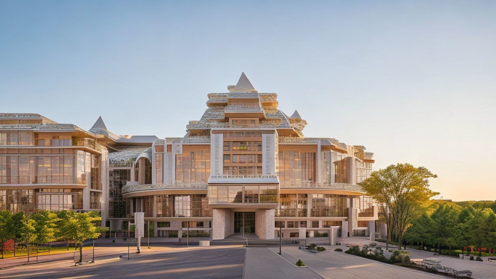 Symmetrical modern building with pyramid-like structure and glass facades at golden hour