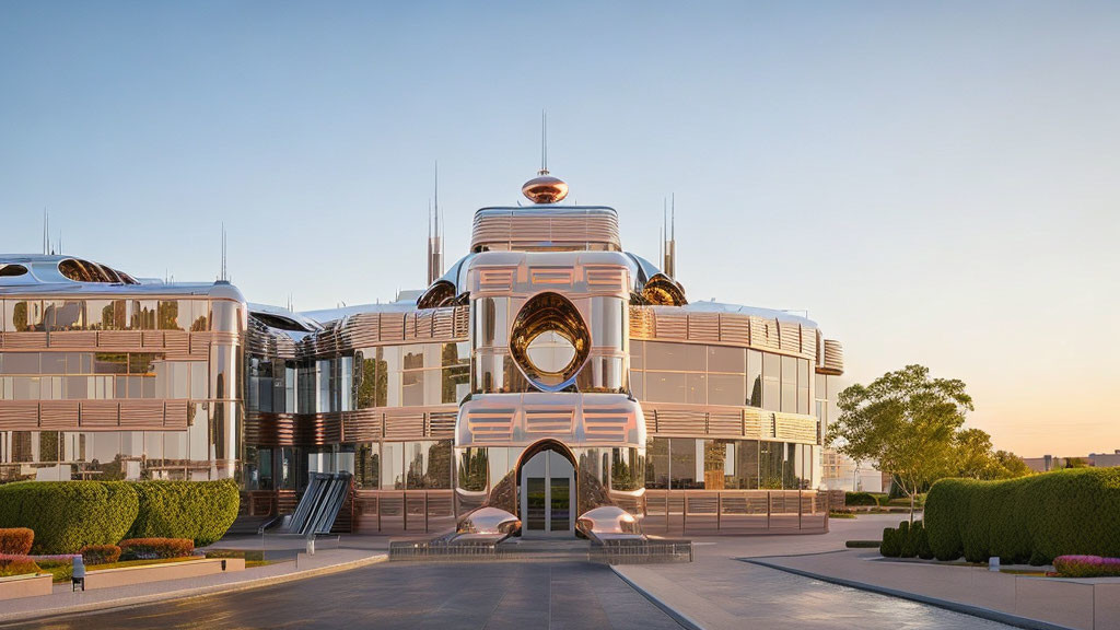 Circular futuristic building with metallic and glass exteriors in green landscape at dusk