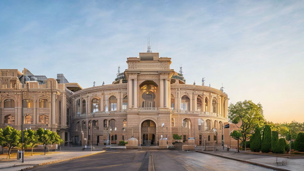 Neoclassical building with arched windows and dome in soft sunlight