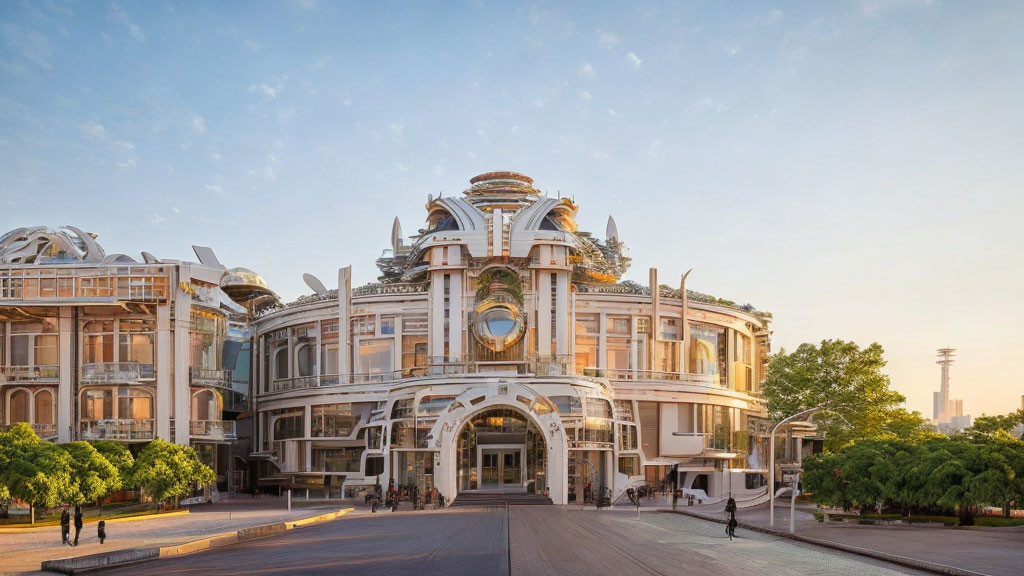 Ornate Art Nouveau building in sunlight with pedestrians and trees