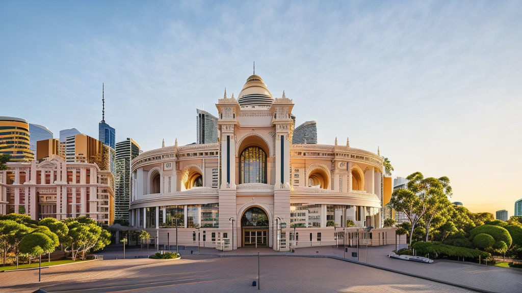 Neoclassical building with dome and arches against modern cityscape