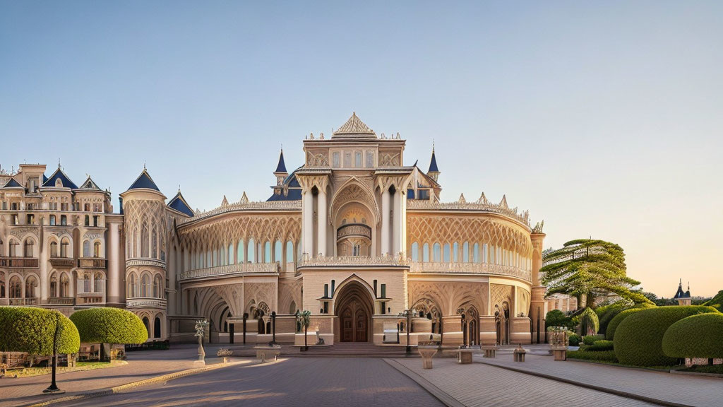 Architectural beauty with arched doorways and gardens under clear sky