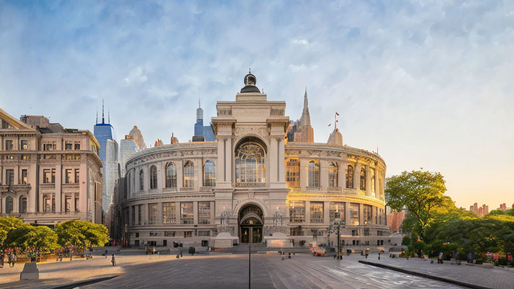 Grand building with large windows in cityscape at sunset