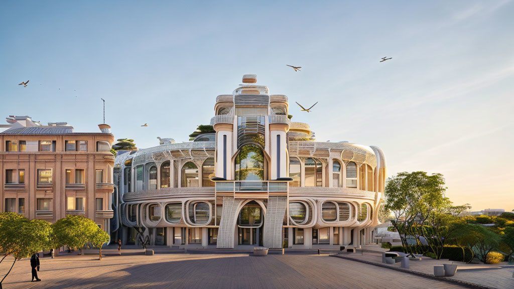 Curved white modern building with large windows, surrounded by trees, people walking, birds flying at sunset