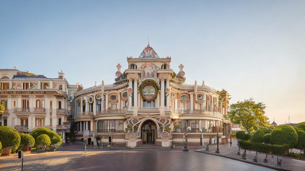 Classical architecture building with arched windows and clock at dusk