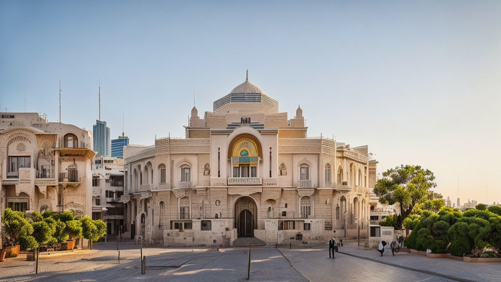 Neoclassical building with domed roof and modern towers under clear sky