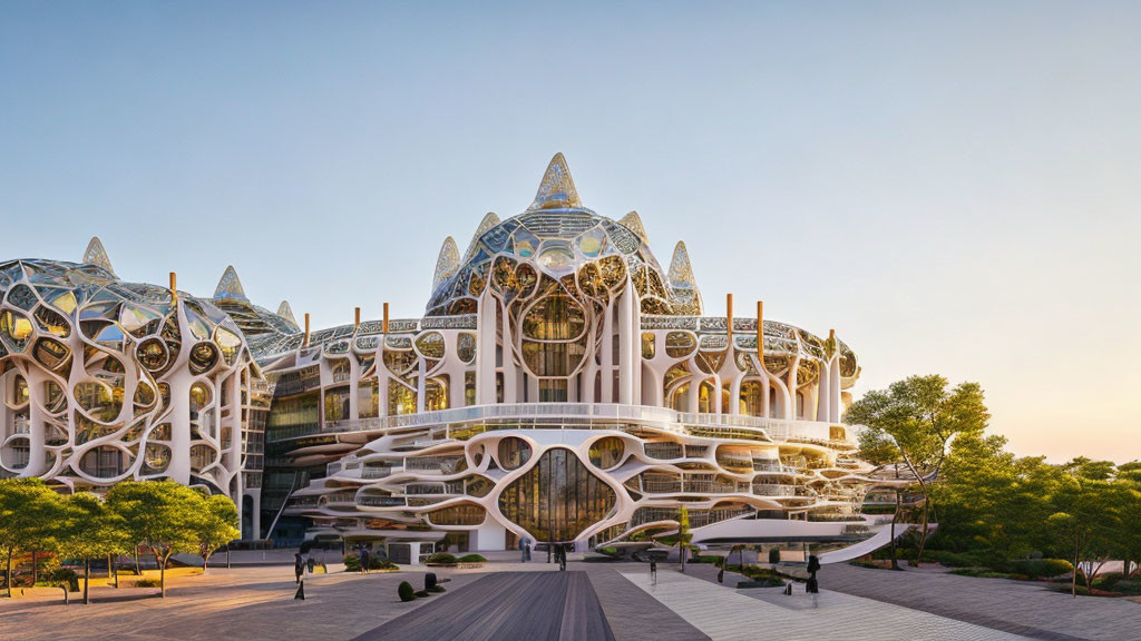 Intricate modern building with honeycomb patterns against sunset sky