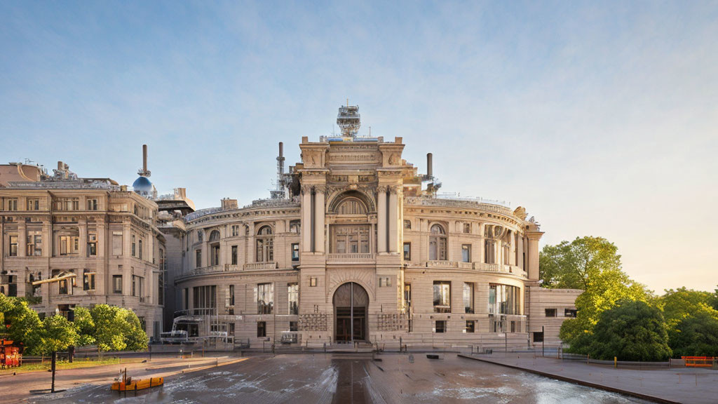 Neoclassical historical building with intricate facade in empty square