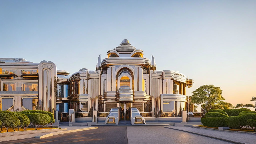 Modern architecture with white domes and arches at sunset