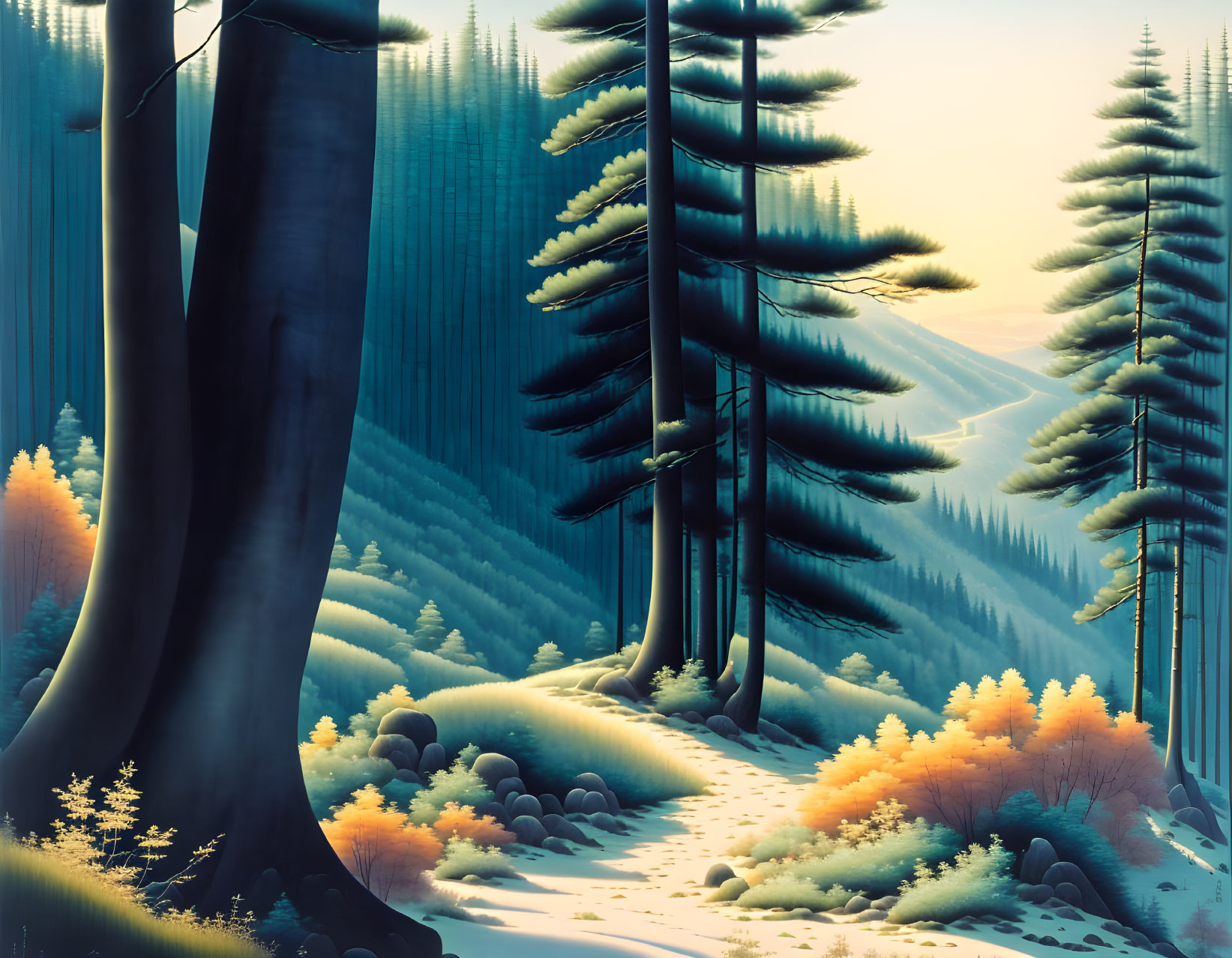 Stylized forest with tall trees and colorful foliage in shades of blue and orange