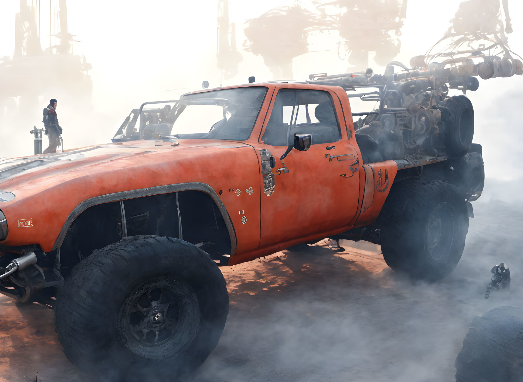 Modified orange pickup truck with large tires and mechanical enhancements in foggy industrial scene