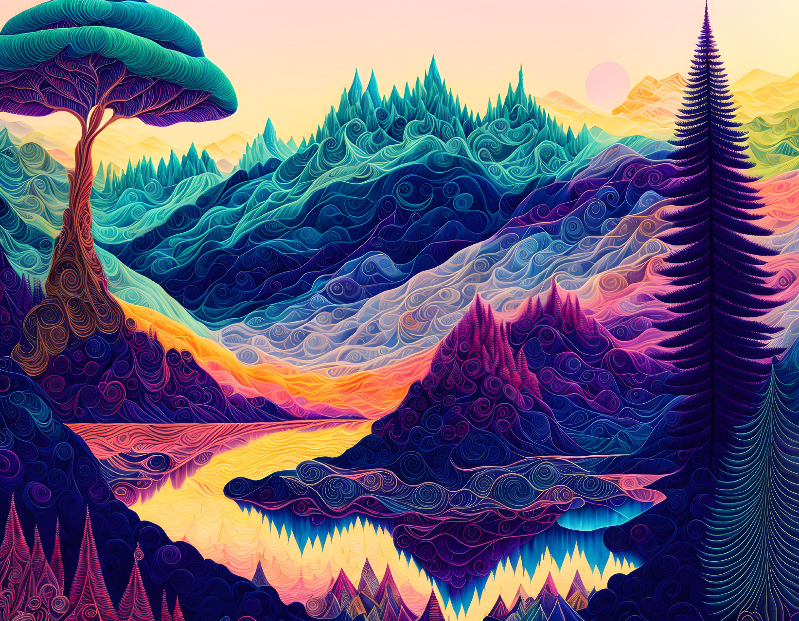 Vibrant stylized landscape with patterned hills, trees, river, and setting sun