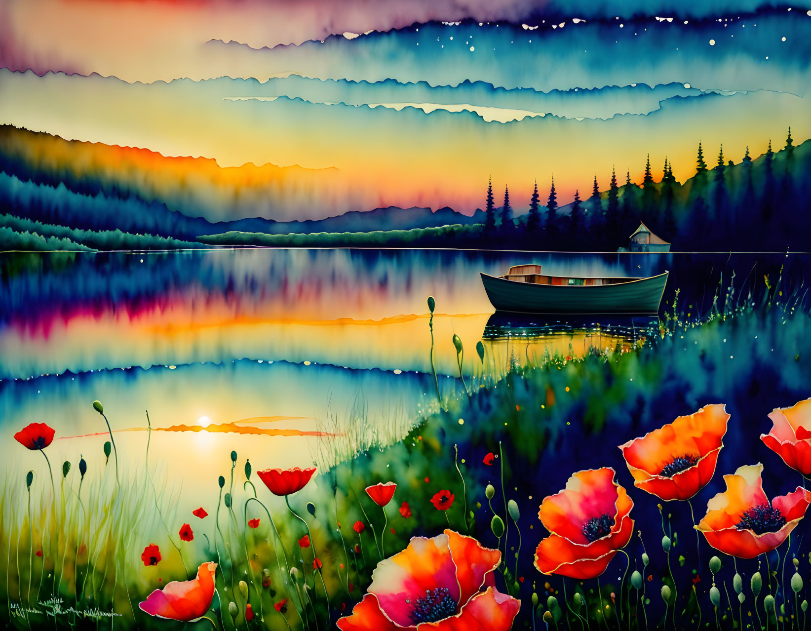 Colorful lakeside sunset illustration with boat, cabin, poppies, and mountains