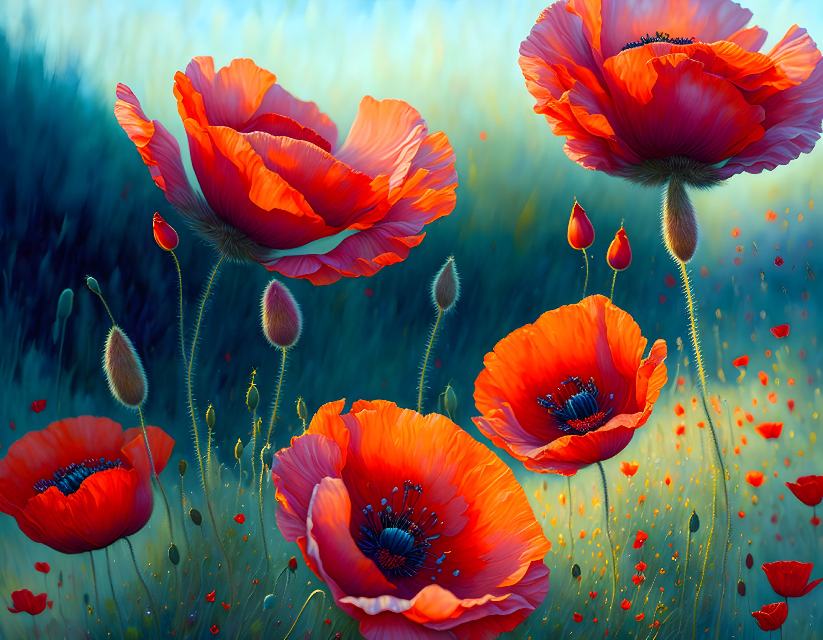 Bright red poppies with dark centers in a serene floral scene.