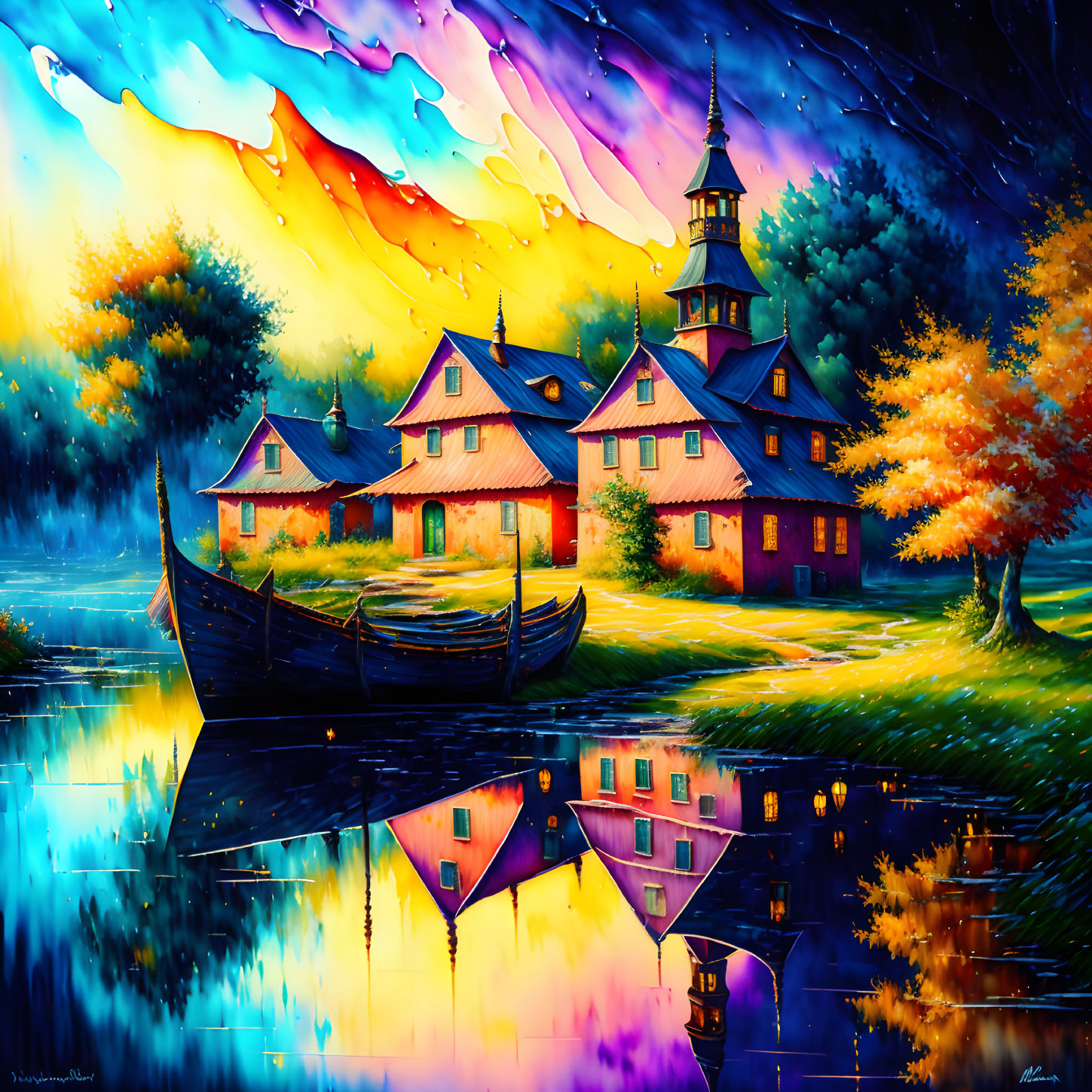 Colorful Landscape with Boat Near Shore Reflecting Buildings and Trees